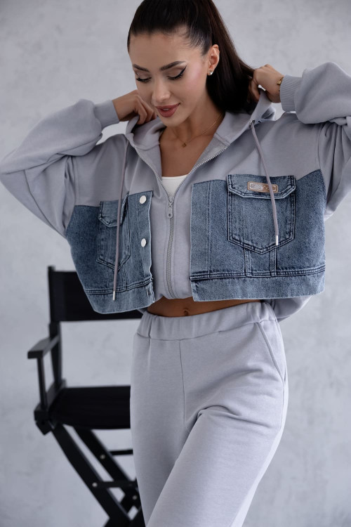 Grey women's tracksuit set with denim inserts