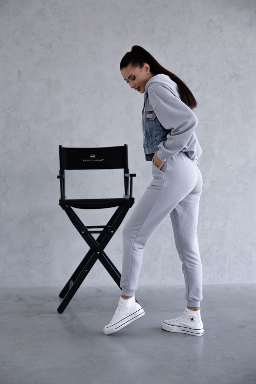 Grey women's tracksuit set with denim inserts