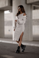 Elegantes Damen 2-teiliges Set - Bluse mit Druckknöpfen und Kleid - Ecru