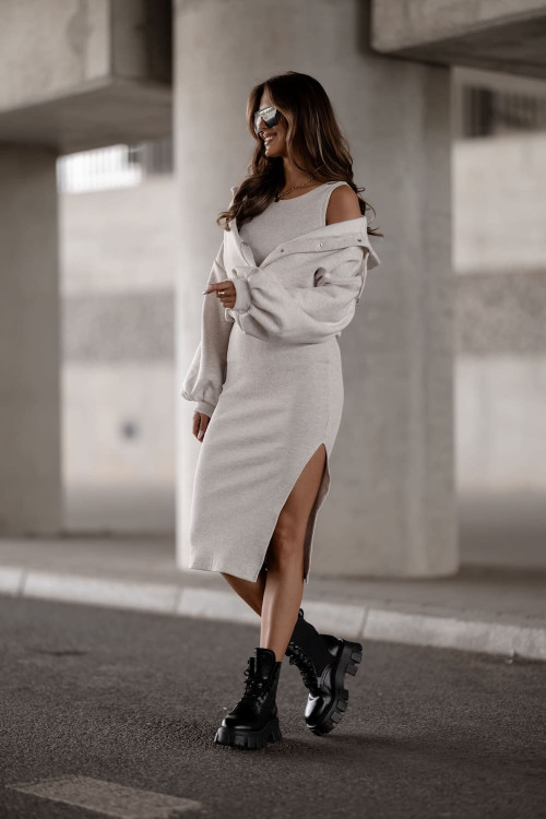 Elegantes Damen 2-teiliges Set - Bluse mit Druckknöpfen und Kleid - Ecru