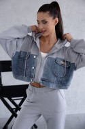 Grey women's tracksuit set with denim inserts