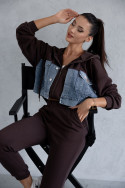 Brown women's tracksuit set with denim inserts