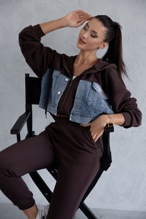 Brown women's tracksuit set with denim inserts