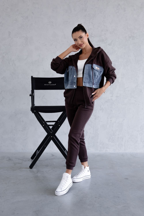 Brown women's tracksuit set with denim inserts