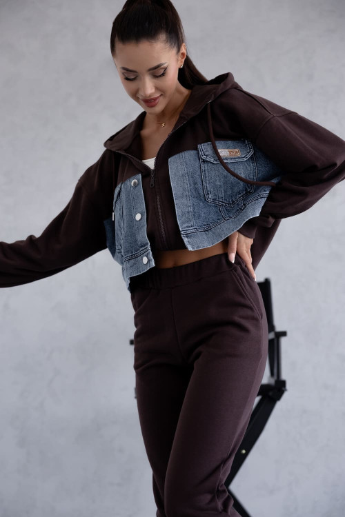 Brown women's tracksuit set with denim inserts
