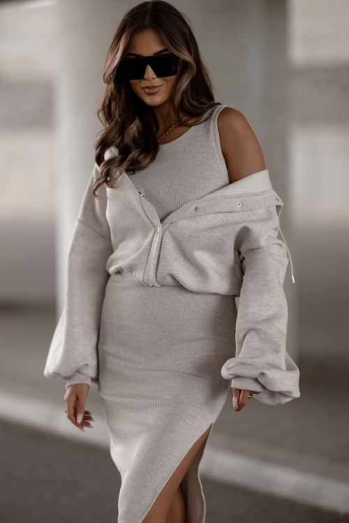 Elegant women's 2-piece set - Blouse with press-studs and dress - Ecru